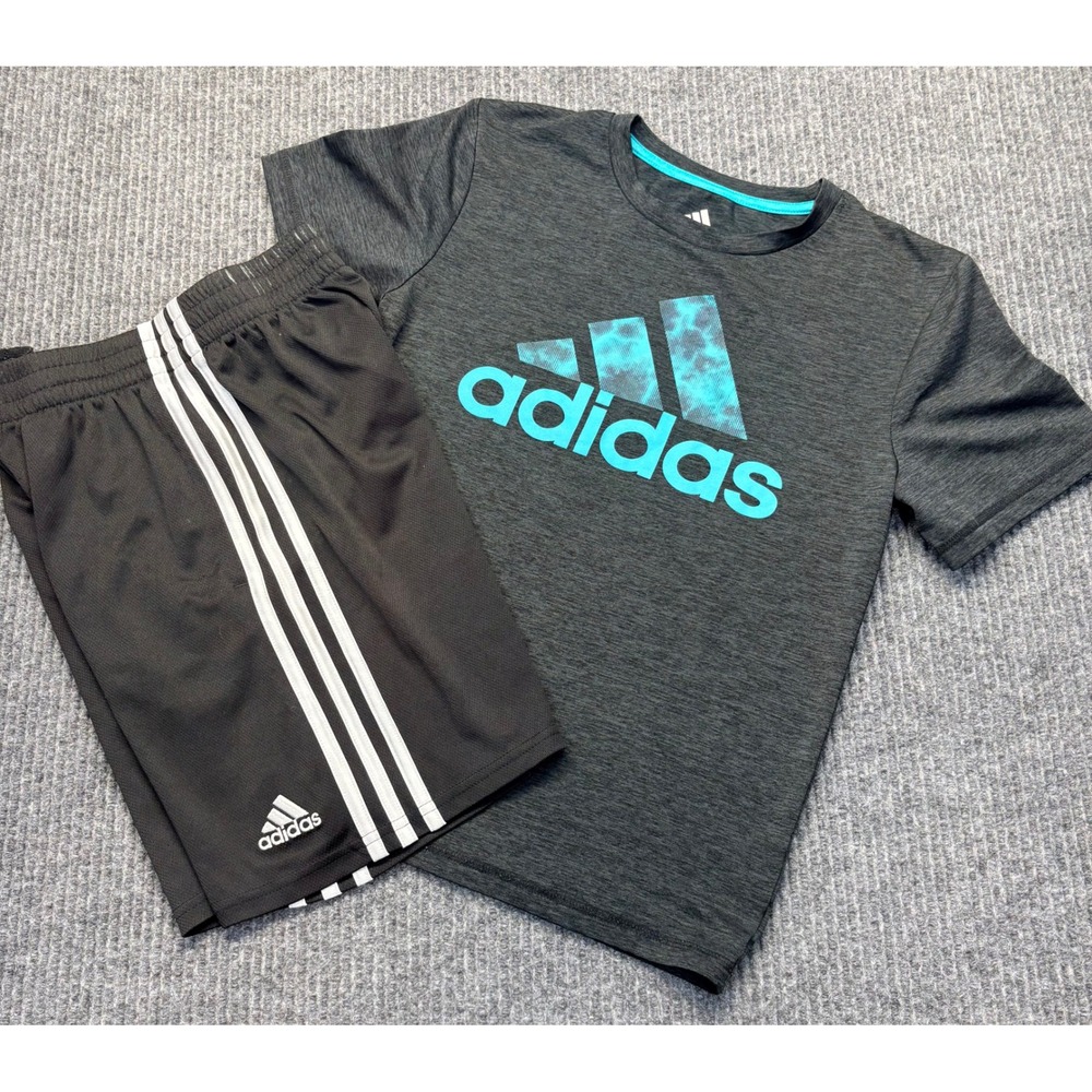 Adidas Kids Grey Teal Logo Graphic T-Shirt & Black 3-Stripe Shorts Set Size M 10